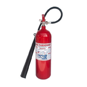 Extintor de CO₂ rojo para incendios clase B y C, ideal para líquidos inflamables y equipos eléctricos.