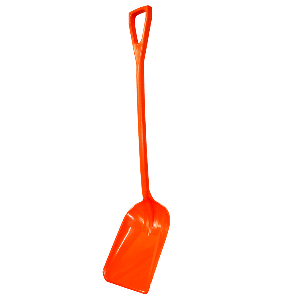 Pala Plástica Antichispa Naranja resistente, ideal para la recolección de líquidos peligrosos e inflamables en entornos industriales y de transporte.