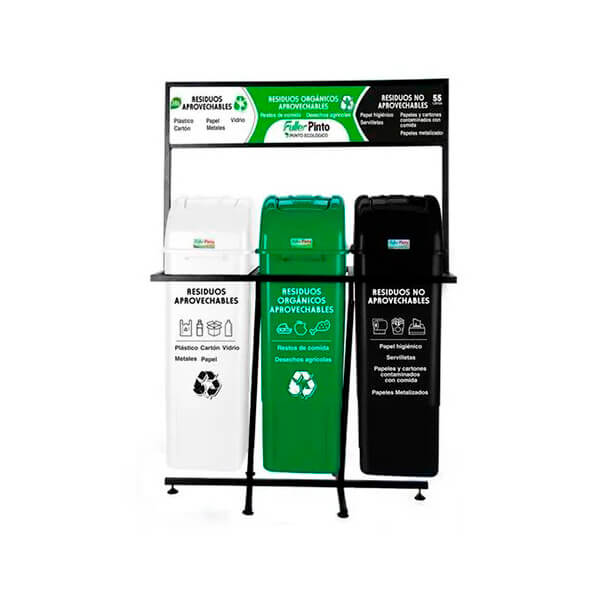 Punto ecológico de plástico resistente con compartimentos para separación de residuos, disponible en negro, verde, blanco y rojo.
